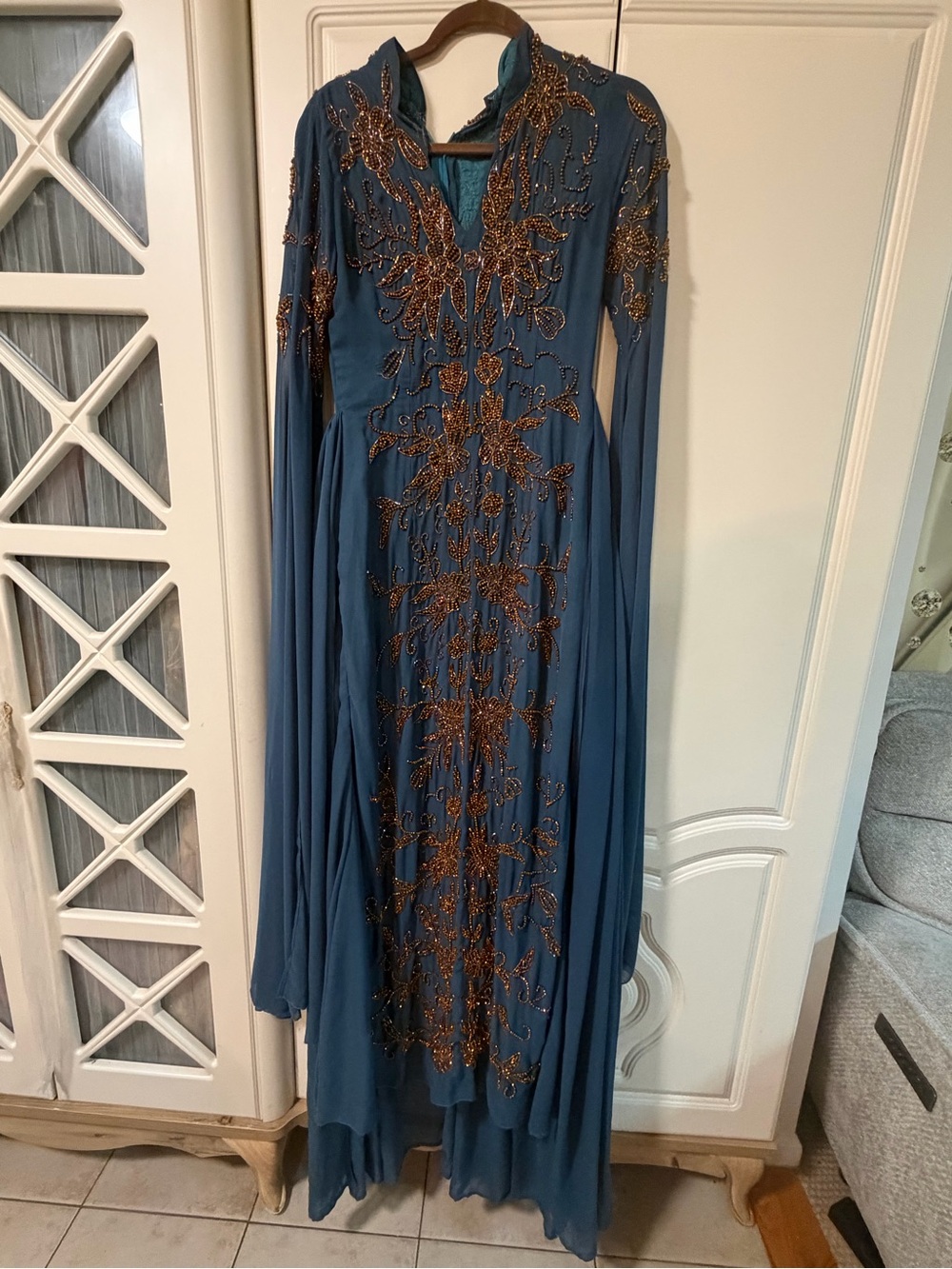 Teal Beaded Evening Maxi Dress